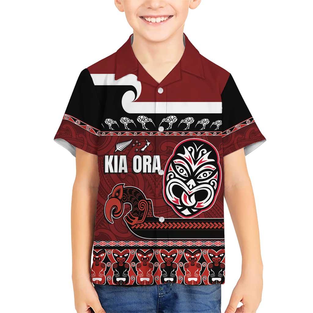 New Zealand Culture Kid Hawaiian Shirt Kia Ora Aotearoa Moko Tattoo Mask with Waka and Maori Art Pattern