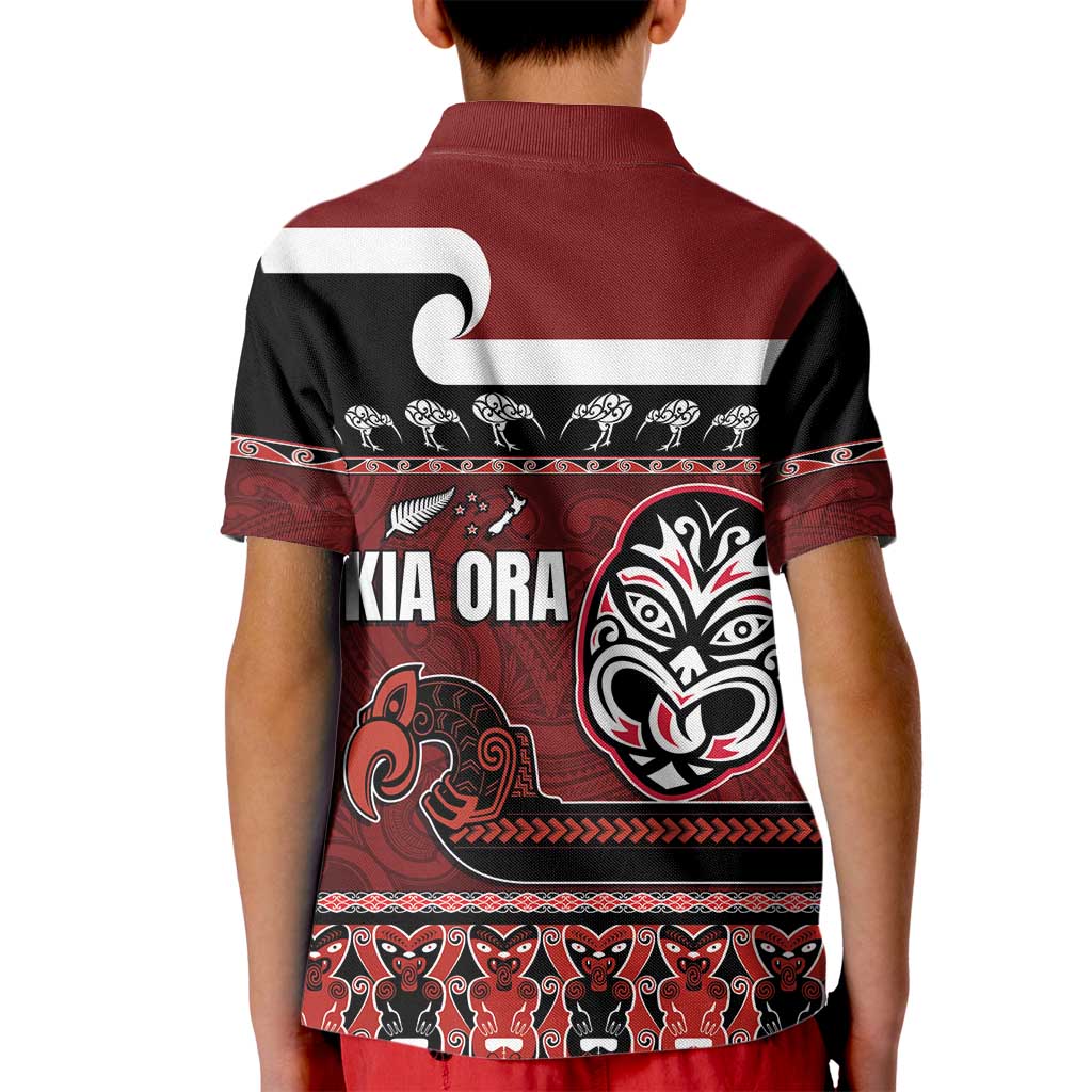 New Zealand Culture Kid Polo Shirt Kia Ora Aotearoa Moko Tattoo Mask with Waka and Maori Art Pattern