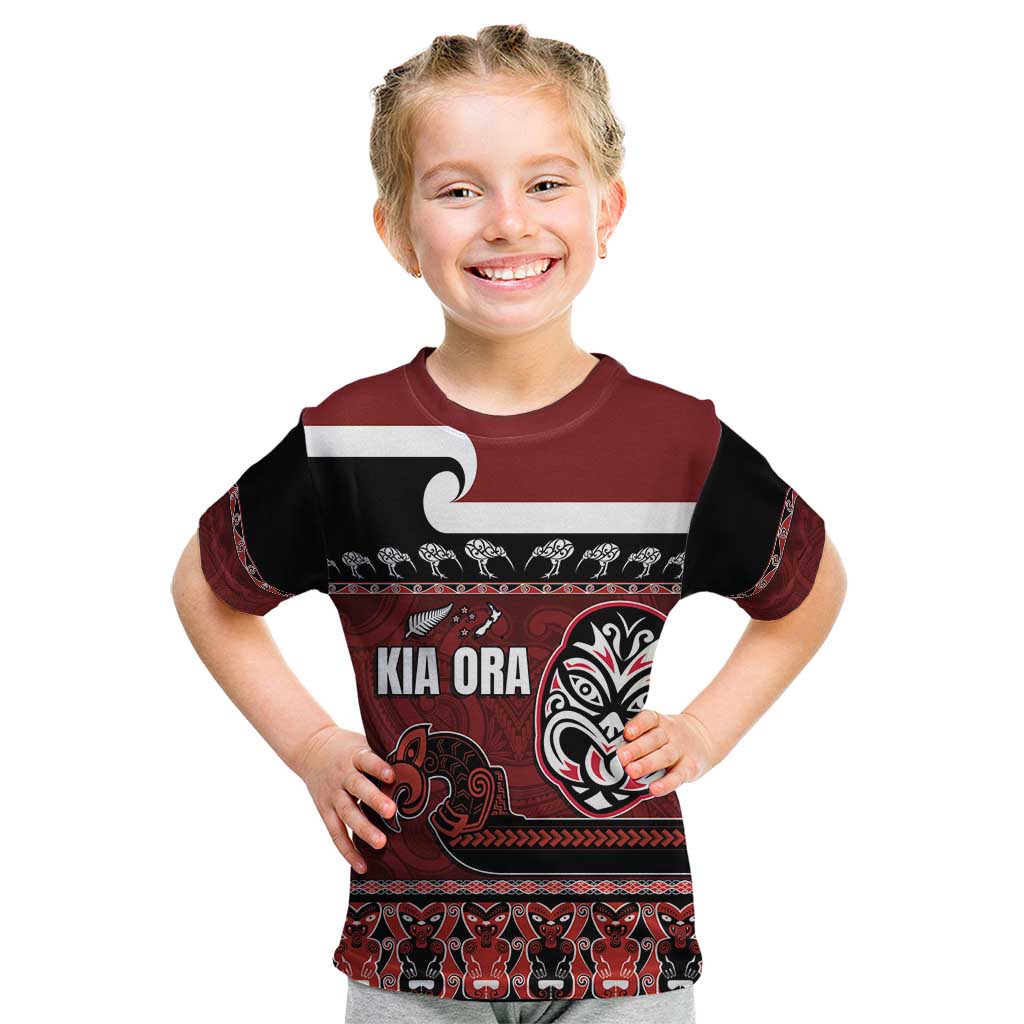 New Zealand Culture Kid T Shirt Kia Ora Aotearoa Moko Tattoo Mask with Waka and Maori Art Pattern
