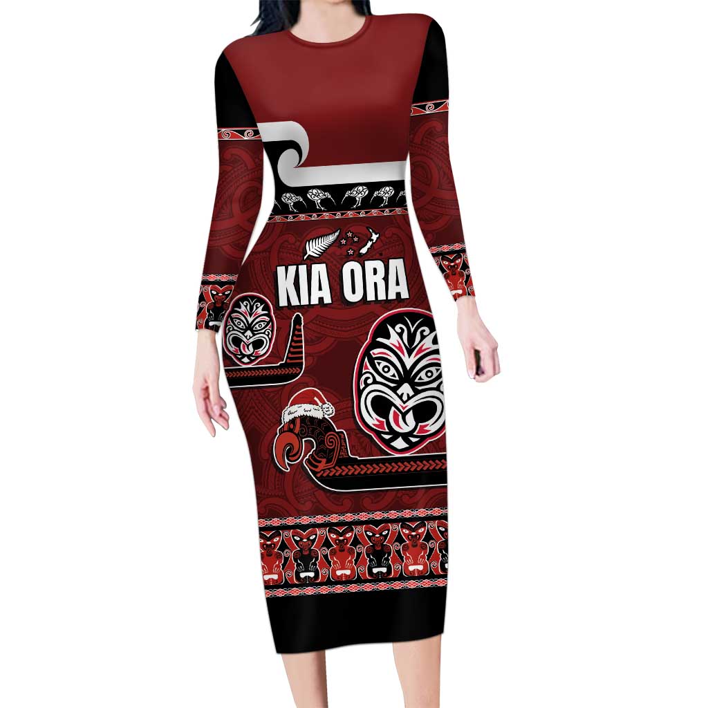 New Zealand Culture Long Sleeve Bodycon Dress Kia Ora Aotearoa Moko Tattoo Mask with Waka and Maori Art Pattern