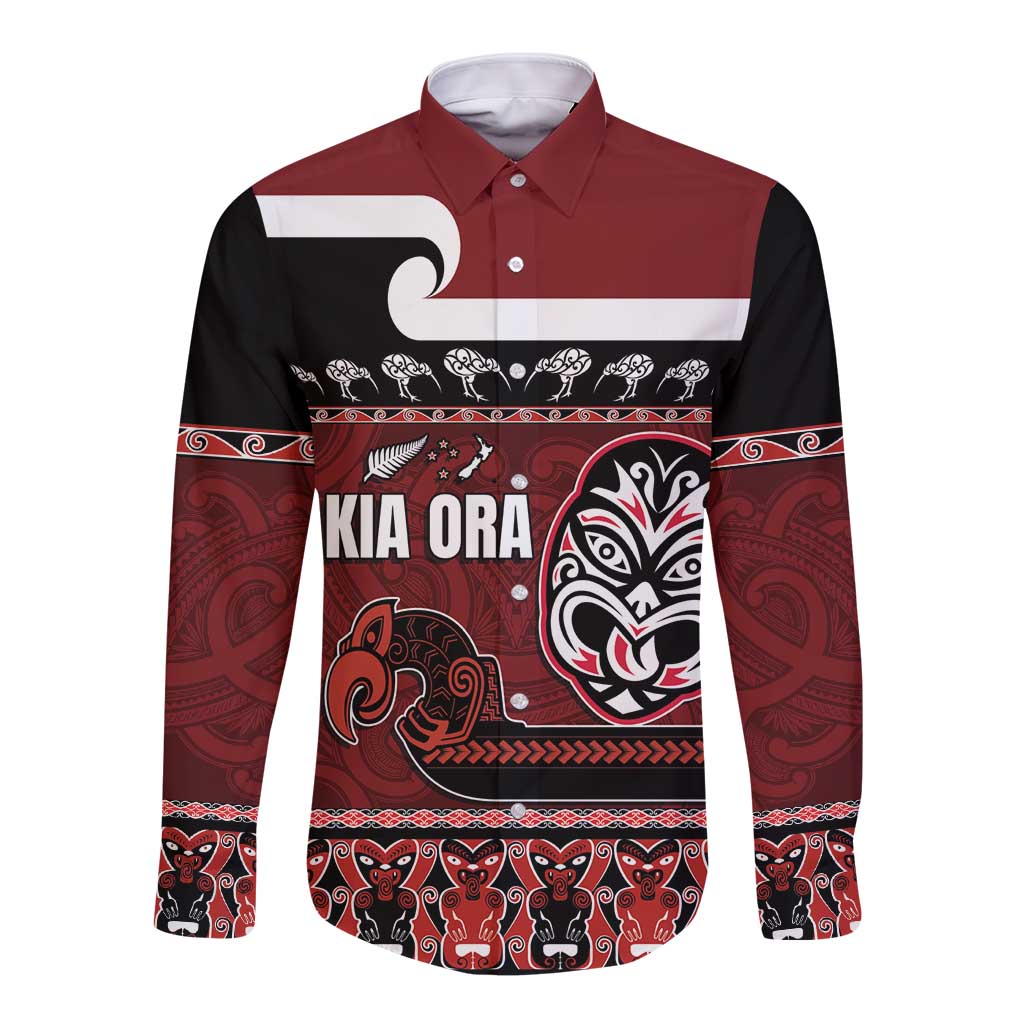 New Zealand Culture Long Sleeve Button Shirt Kia Ora Aotearoa Moko Tattoo Mask with Waka and Maori Art Pattern