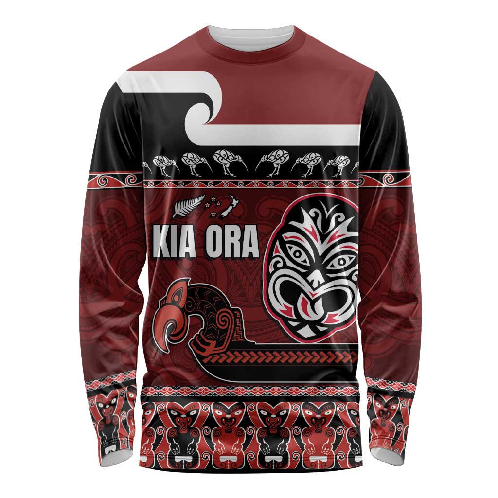 New Zealand Culture Long Sleeve Shirt Kia Ora Aotearoa Moko Tattoo Mask with Waka and Maori Art Pattern