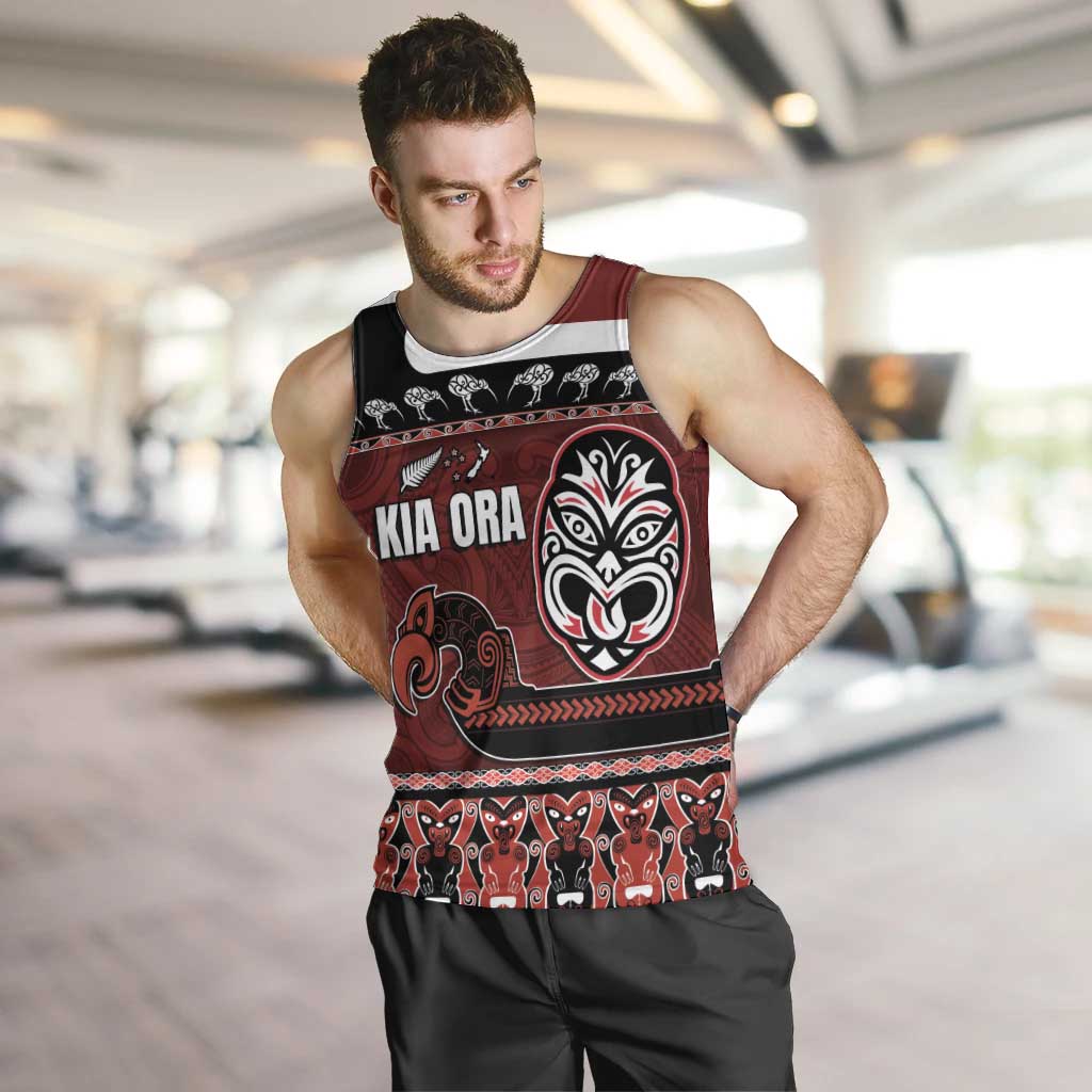 New Zealand Culture Men Tank Top Kia Ora Aotearoa Moko Tattoo Mask with Waka and Maori Art Pattern LT03 Red - Polynesian Pride