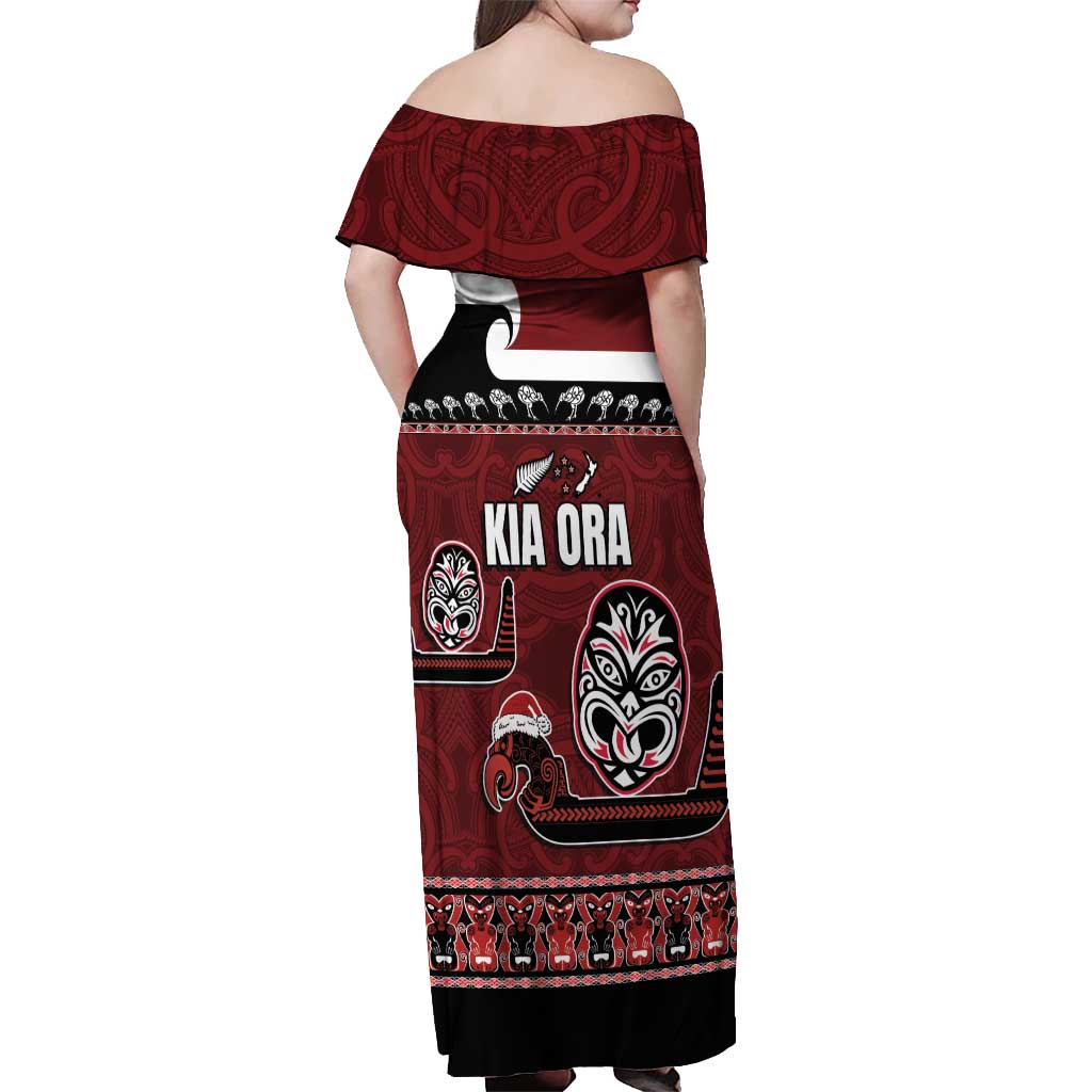 New Zealand Culture Off Shoulder Maxi Dress Kia Ora Aotearoa Moko Tattoo Mask with Waka and Maori Art Pattern