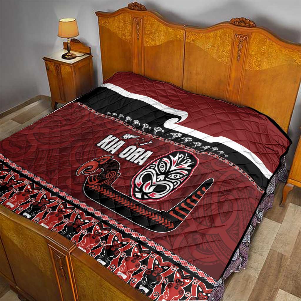 New Zealand Culture Quilt Kia Ora Aotearoa Moko Tattoo Mask with Waka and Maori Art Pattern