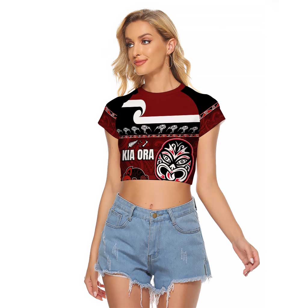 New Zealand Culture Raglan Cropped T Shirt Kia Ora Aotearoa Moko Tattoo Mask with Waka and Maori Art Pattern LT03 Female Red - Polynesian Pride