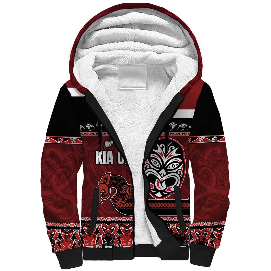 New Zealand Culture Sherpa Hoodie Kia Ora Aotearoa Moko Tattoo Mask with Waka and Maori Art Pattern