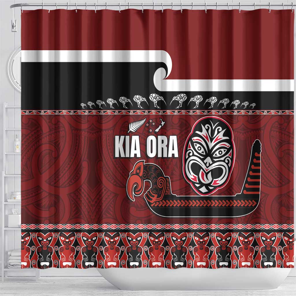 New Zealand Culture Shower Curtain Kia Ora Aotearoa Moko Tattoo Mask with Waka and Maori Art Pattern