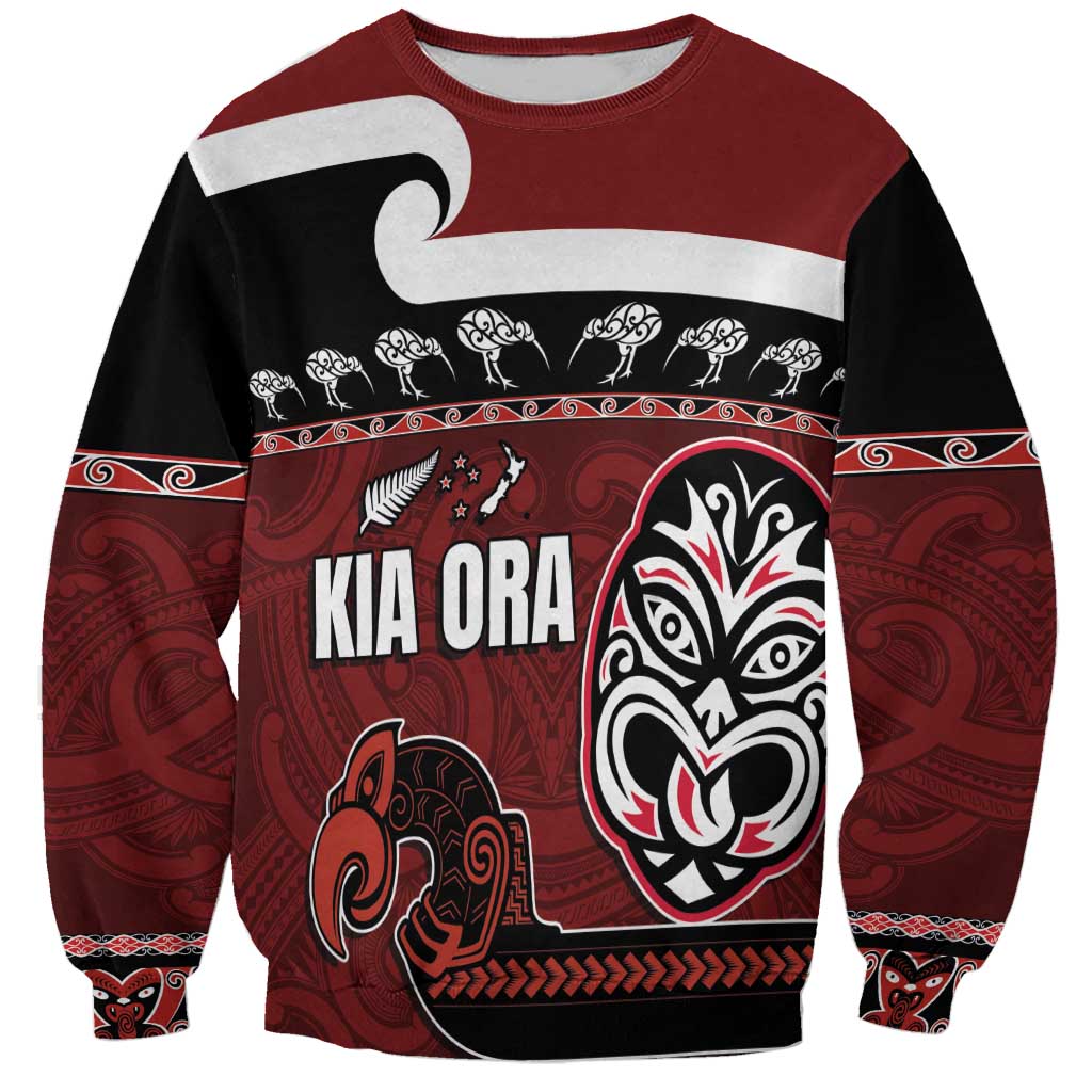 New Zealand Culture Sweatshirt Kia Ora Aotearoa Moko Tattoo Mask with Waka and Maori Art Pattern LT03 Unisex Red - Polynesian Pride