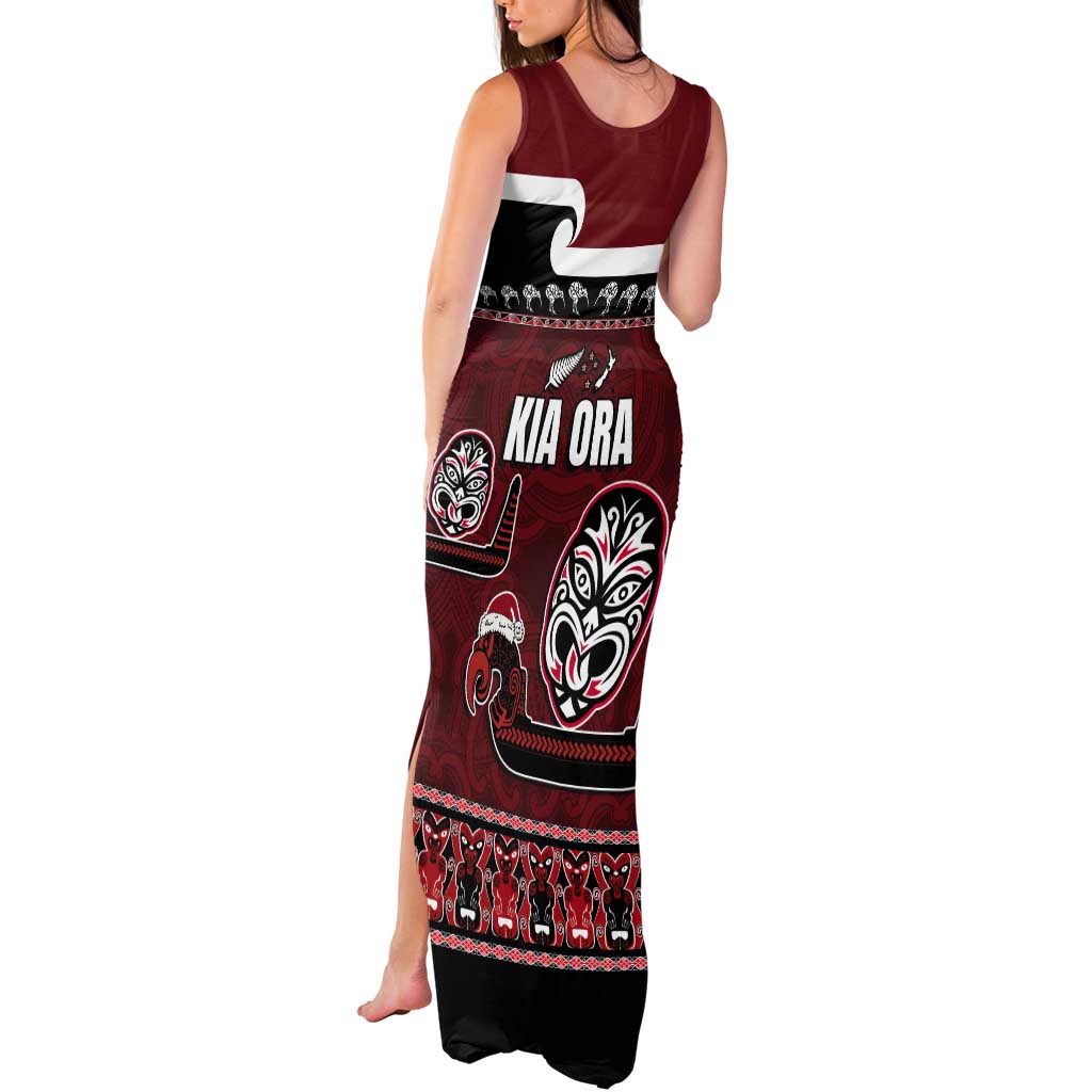 New Zealand Culture Tank Maxi Dress Kia Ora Aotearoa Moko Tattoo Mask with Waka and Maori Art Pattern
