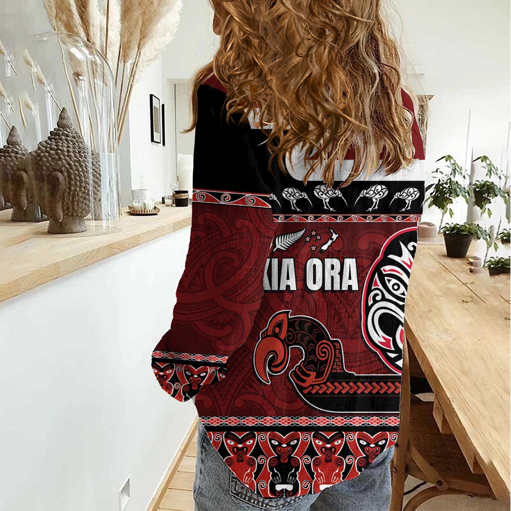 New Zealand Culture Women Casual Shirt Kia Ora Aotearoa Moko Tattoo Mask with Waka and Maori Art Pattern