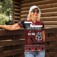 New Zealand Culture Women Polo Shirt Kia Ora Aotearoa Moko Tattoo Mask with Waka and Maori Art Pattern