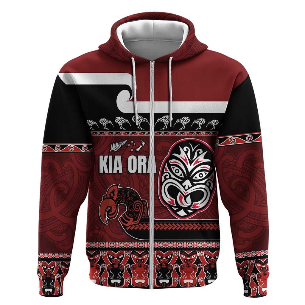 New Zealand Culture Zip Hoodie Kia Ora Aotearoa Moko Tattoo Mask with Waka and Maori Art Pattern