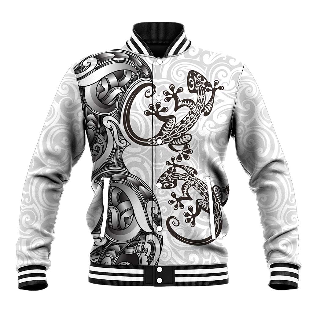 New Zealand Gecko Maori Art Tattoo Baseball Jacket White Color LT03 Unisex White - Polynesian Pride