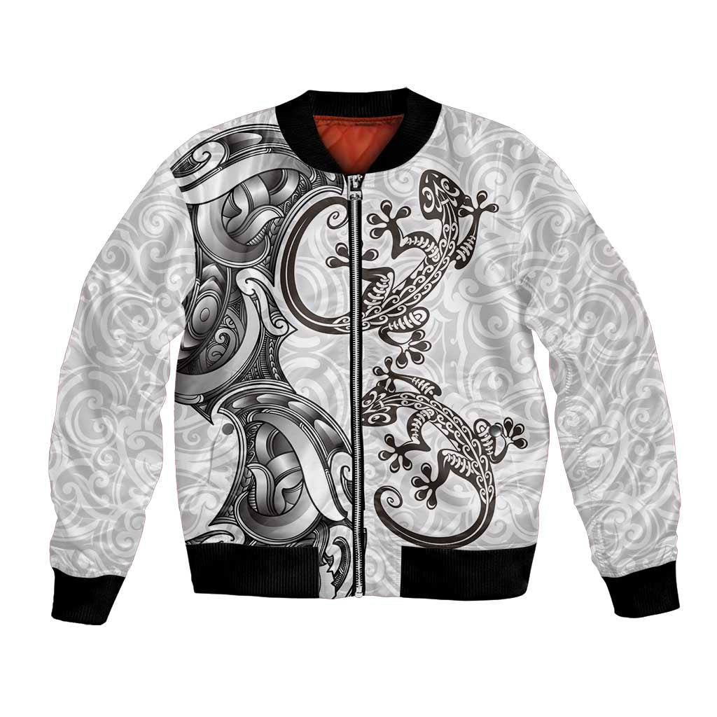 New Zealand Gecko Maori Art Tattoo Bomber Jacket White Color