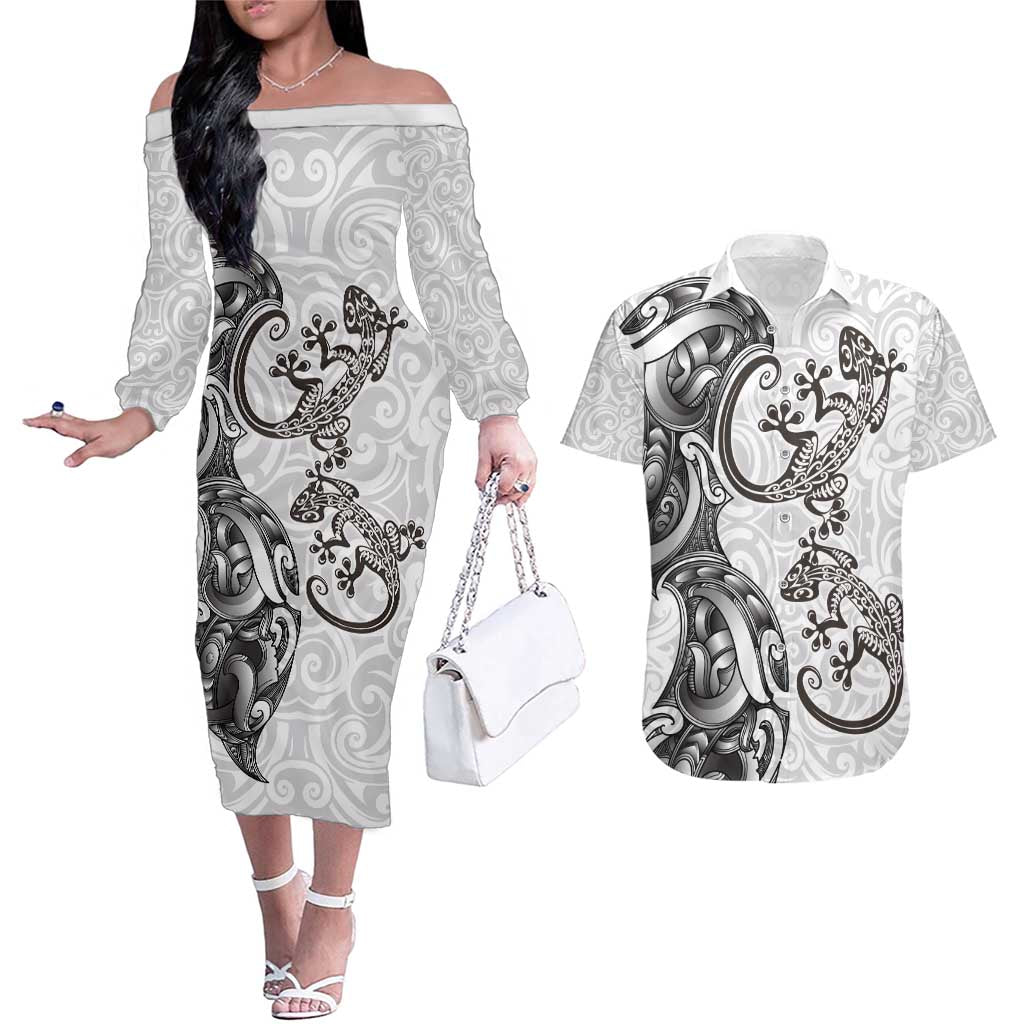 New Zealand Gecko Maori Art Tattoo Couples Matching Off The Shoulder Long Sleeve Dress and Hawaiian Shirt White Color