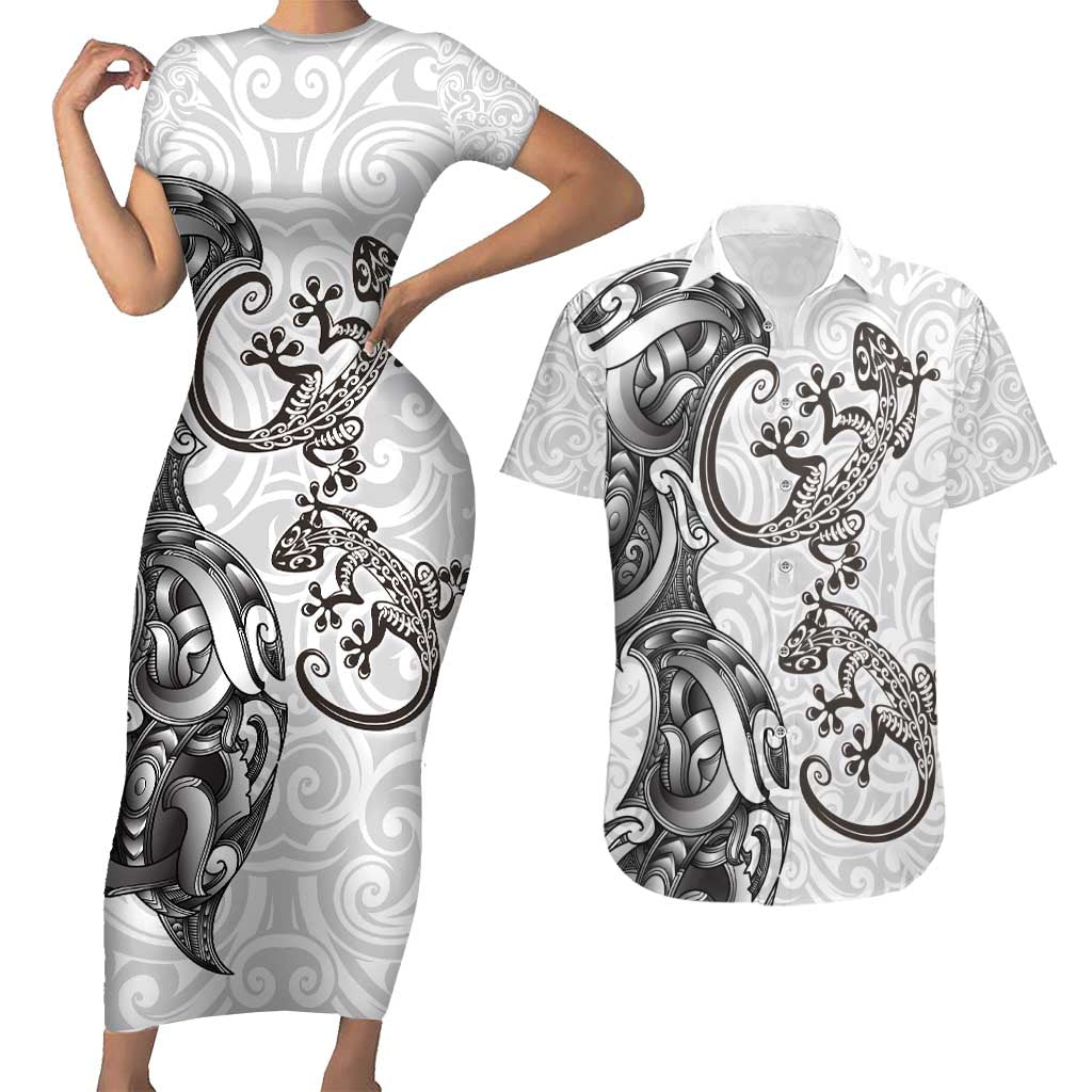 New Zealand Gecko Maori Art Tattoo Couples Matching Short Sleeve Bodycon Dress and Hawaiian Shirt White Color LT03 White - Polynesian Pride