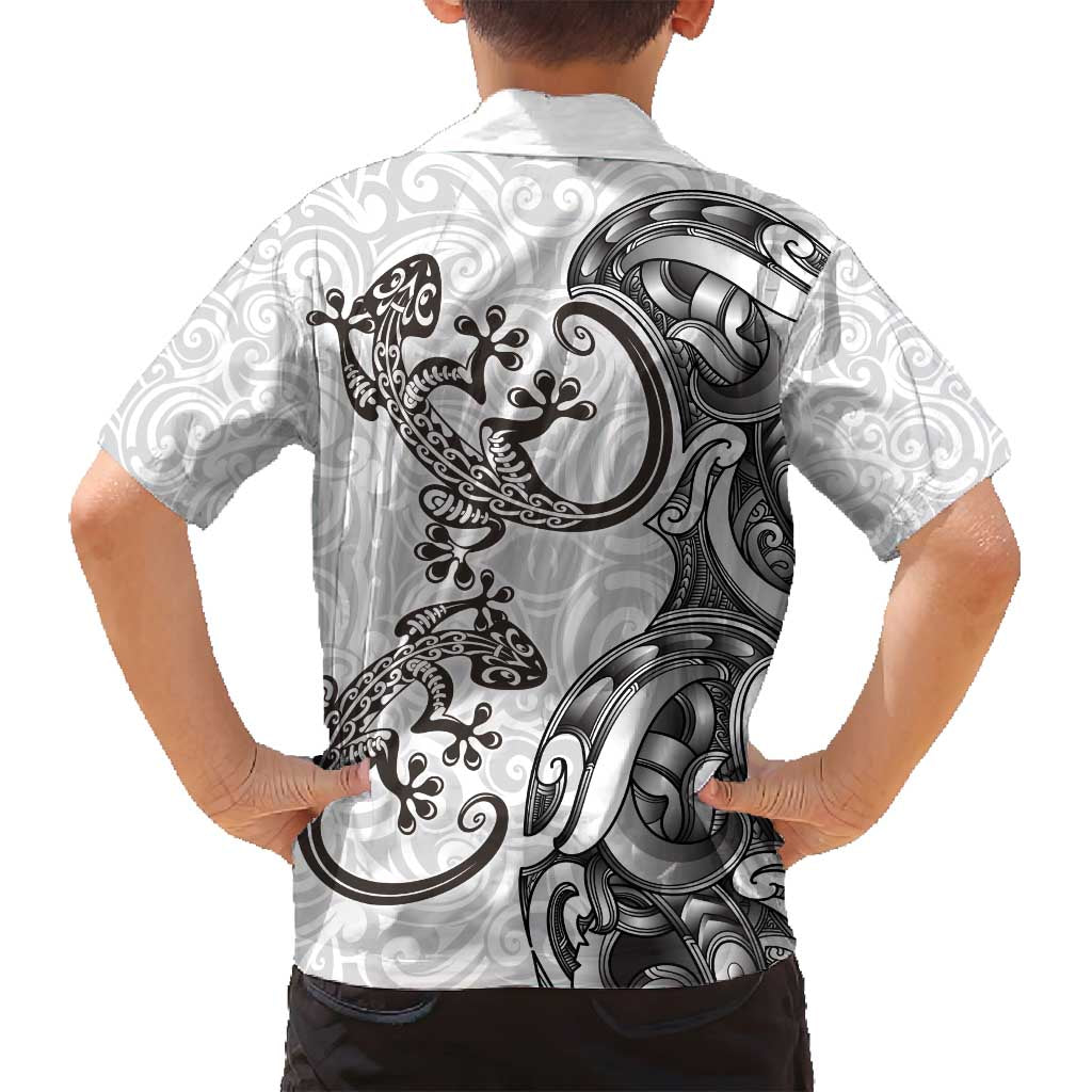 New Zealand Gecko Maori Art Tattoo Family Matching Long Sleeve Bodycon Dress and Hawaiian Shirt White Color