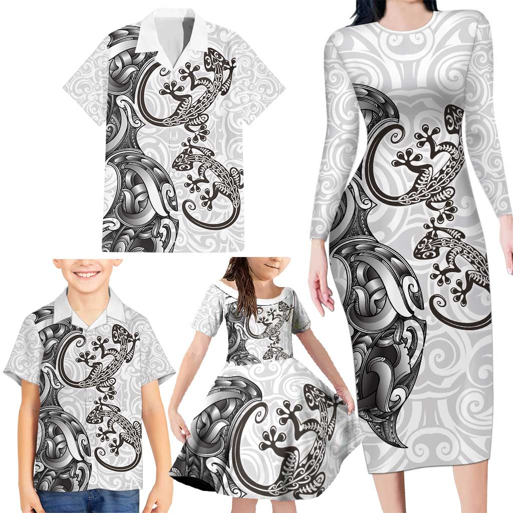 New Zealand Gecko Maori Art Tattoo Family Matching Long Sleeve Bodycon Dress and Hawaiian Shirt White Color