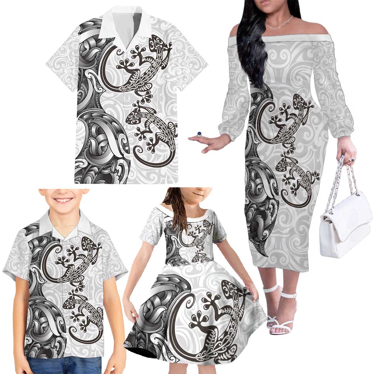 New Zealand Gecko Maori Art Tattoo Family Matching Off The Shoulder Long Sleeve Dress and Hawaiian Shirt White Color