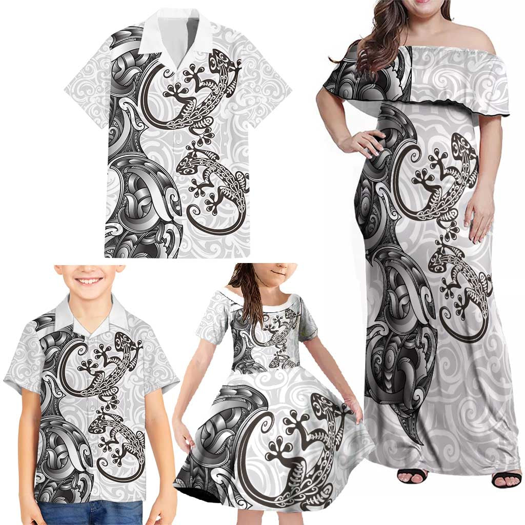 New Zealand Gecko Maori Art Tattoo Family Matching Off Shoulder Maxi Dress and Hawaiian Shirt White Color