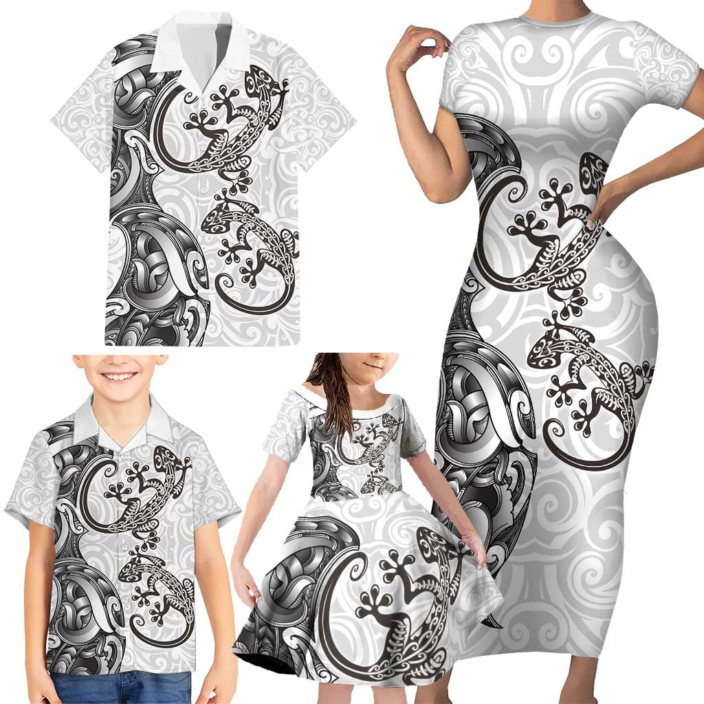 New Zealand Gecko Maori Art Tattoo Family Matching Short Sleeve Bodycon Dress and Hawaiian Shirt White Color