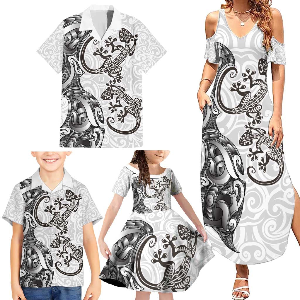 New Zealand Gecko Maori Art Tattoo Family Matching Summer Maxi Dress and Hawaiian Shirt White Color