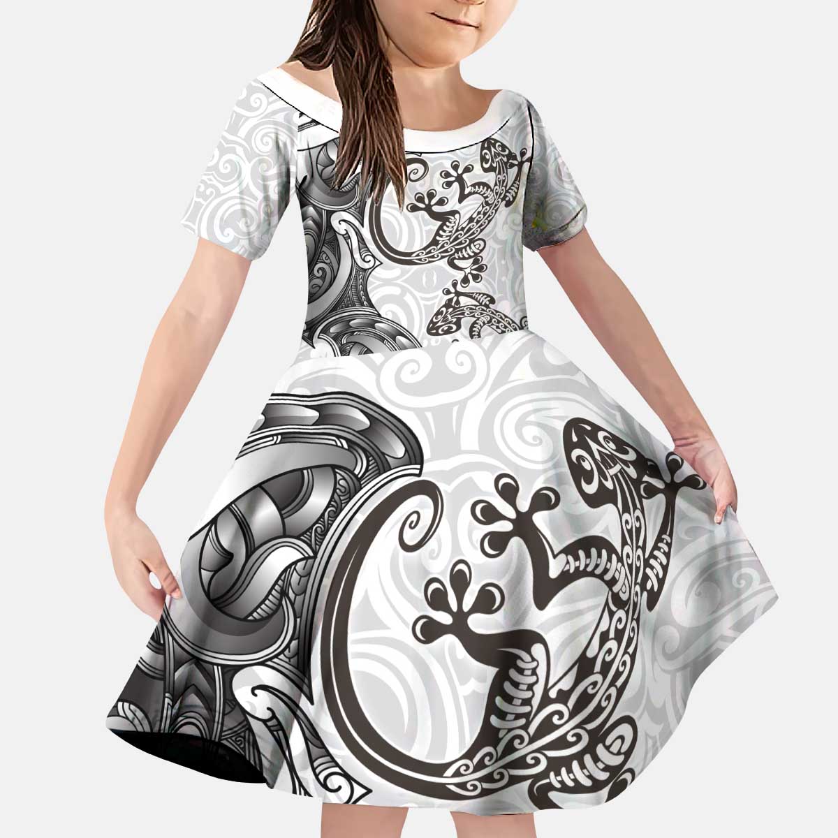 New Zealand Gecko Maori Art Tattoo Kid Short Sleeve Dress White Color