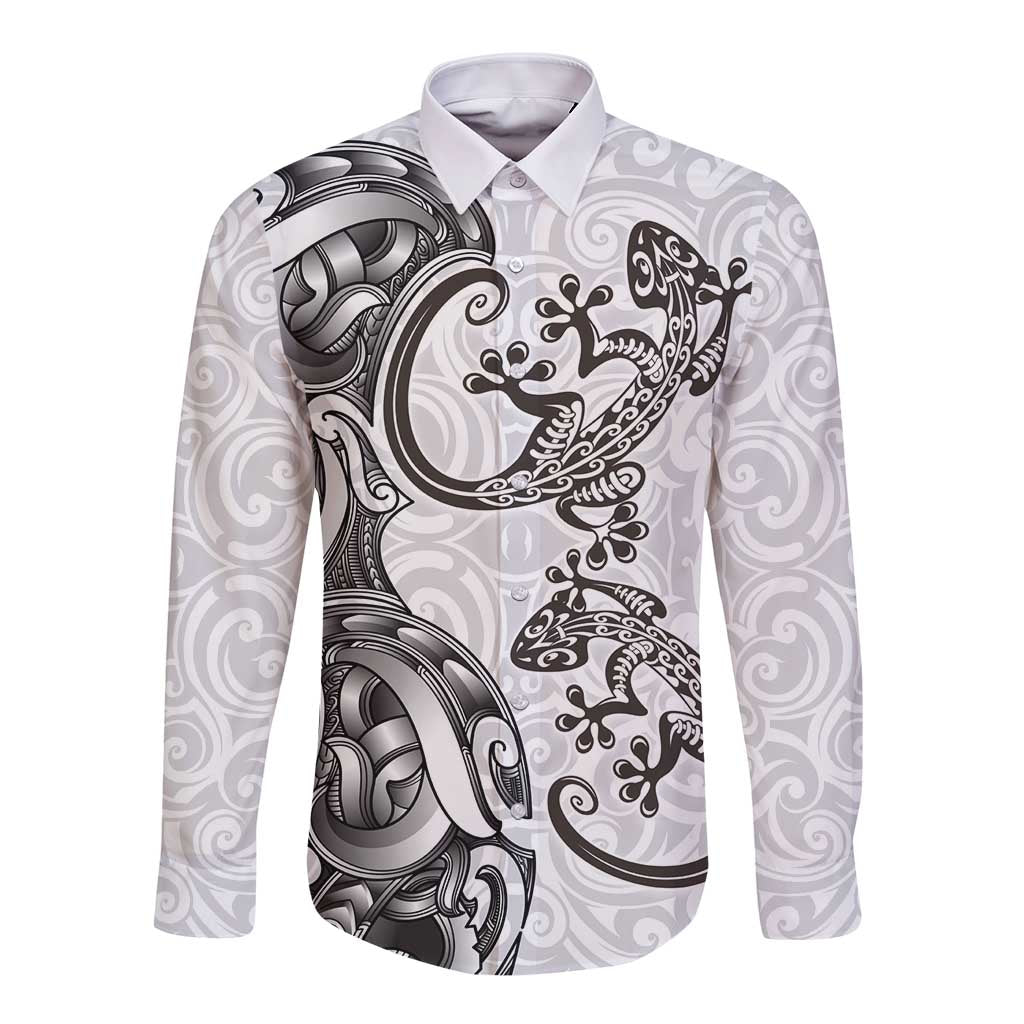 New Zealand Gecko Maori Art Tattoo Long Sleeve Button Shirt White Color