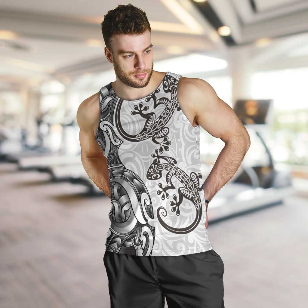 New Zealand Gecko Maori Art Tattoo Men Tank Top White Color LT03 White - Polynesian Pride