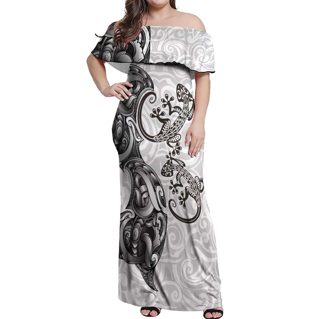 New Zealand Gecko Maori Art Tattoo Off Shoulder Maxi Dress White Color