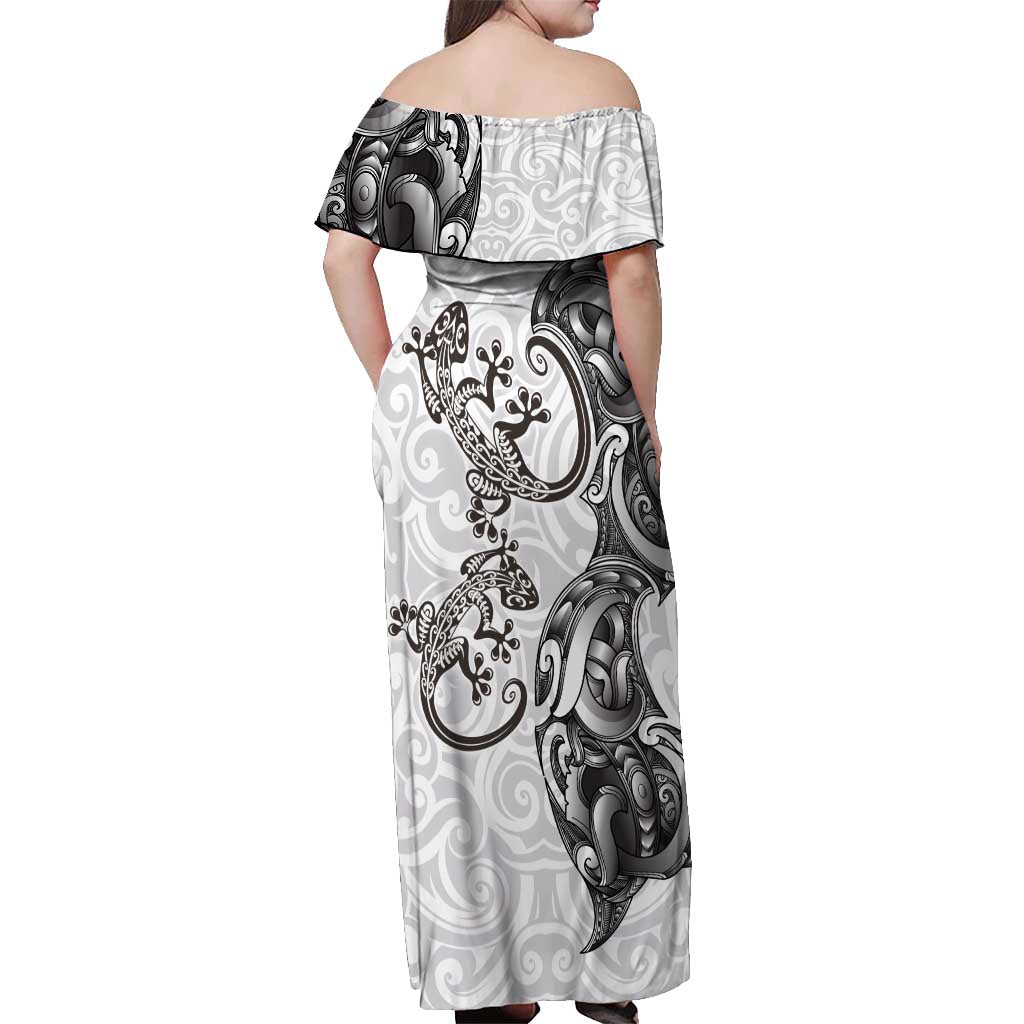 New Zealand Gecko Maori Art Tattoo Off Shoulder Maxi Dress White Color
