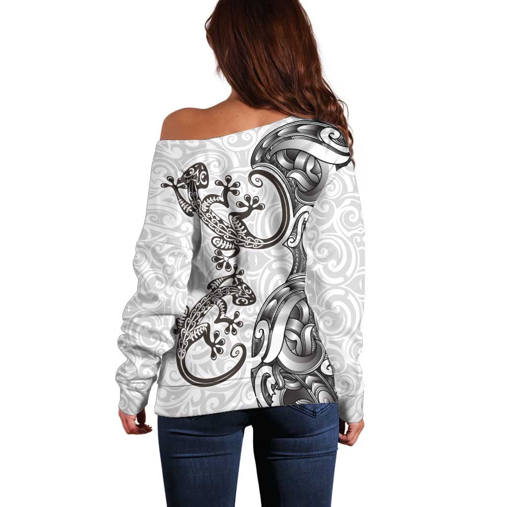 New Zealand Gecko Maori Art Tattoo Off Shoulder Sweater White Color