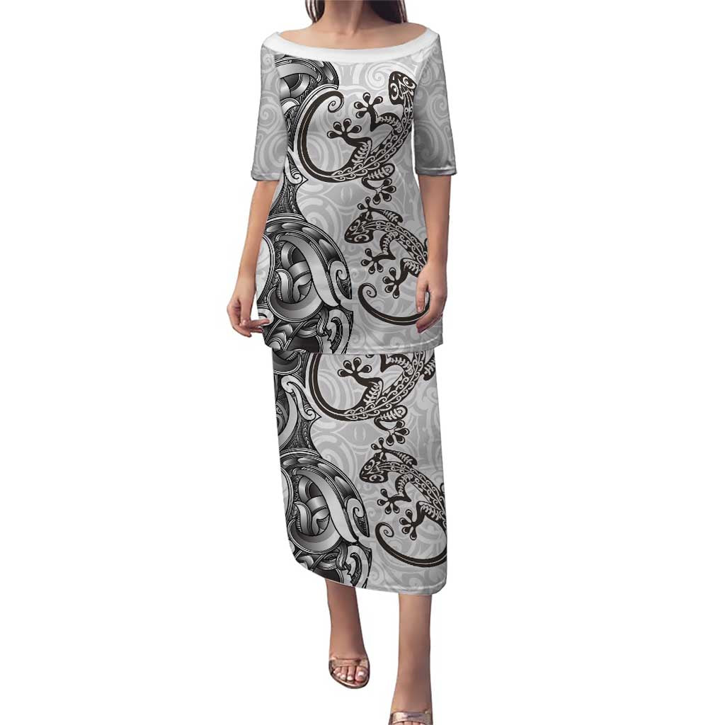 New Zealand Gecko Maori Art Tattoo Puletasi White Color LT03 Long Dress White - Polynesian Pride