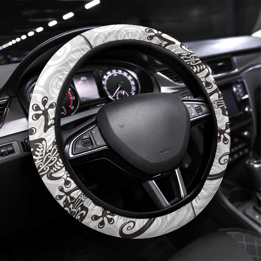 New Zealand Gecko Maori Art Tattoo Steering Wheel Cover White Color LT03 Universal Fit White - Polynesian Pride