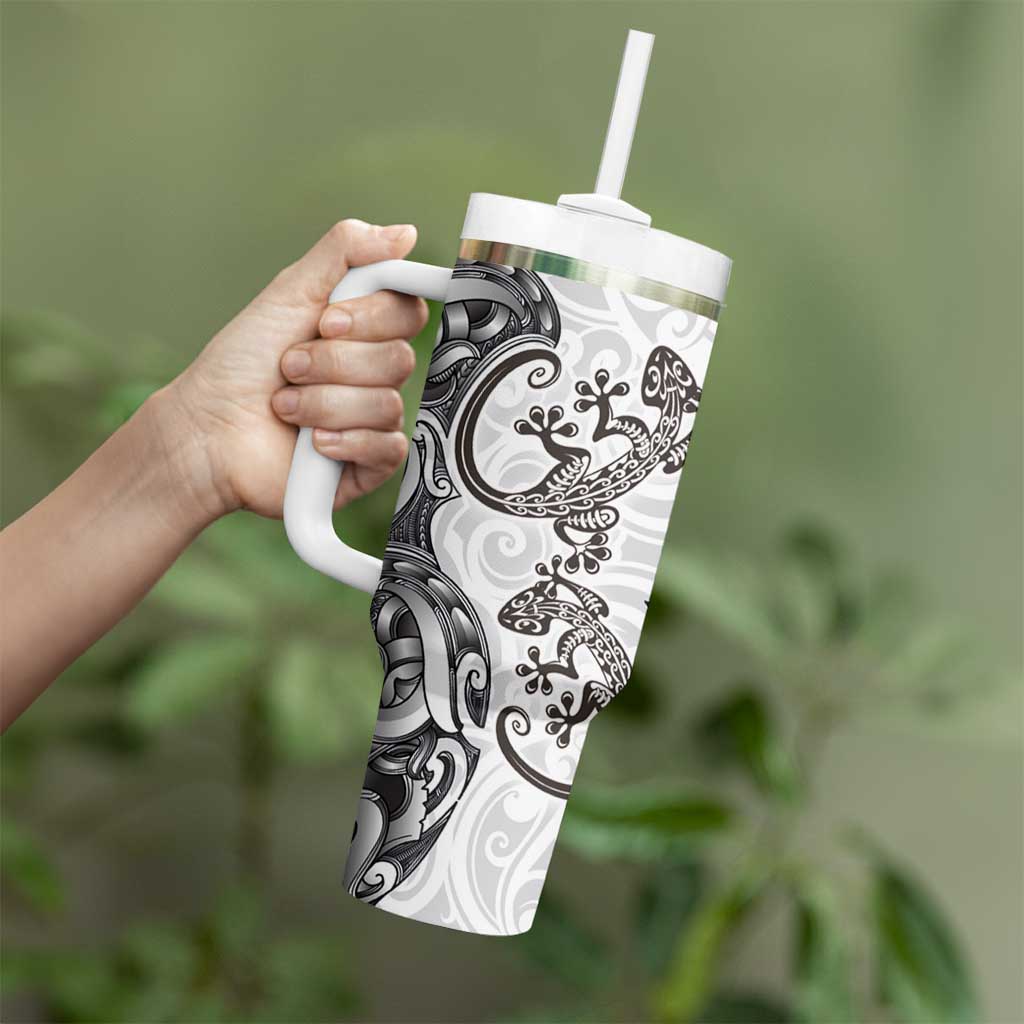 New Zealand Gecko Maori Art Tattoo Tumbler With Handle White Color LT03 - Polynesian Pride