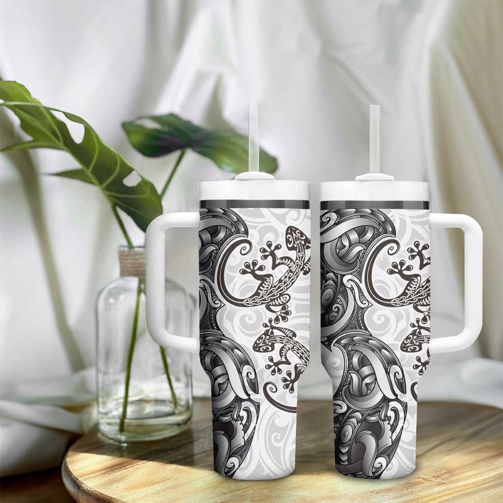 New Zealand Gecko Maori Art Tattoo Tumbler With Handle White Color LT03 - Polynesian Pride