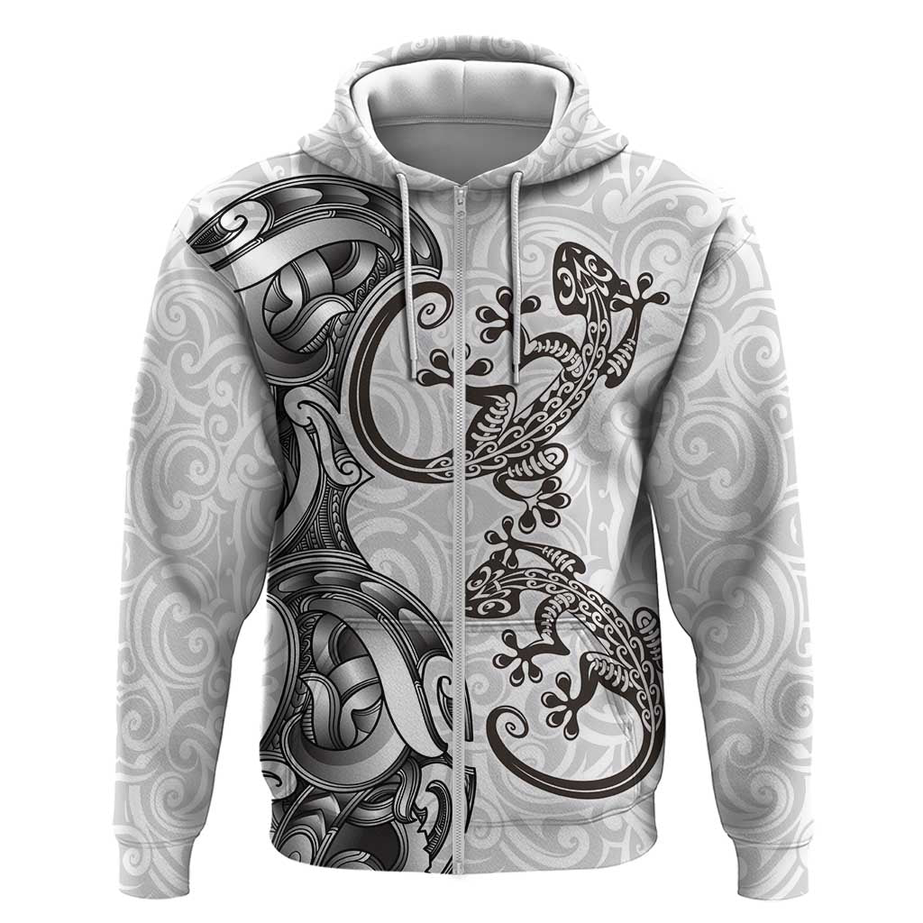 New Zealand Gecko Maori Art Tattoo Zip Hoodie White Color