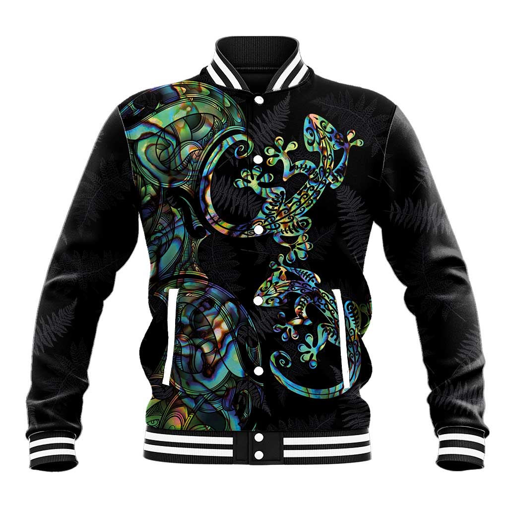 New Zealand Gecko Maori Art Tattoo Baseball Jacket Silver Fern and Paua Shell Mode