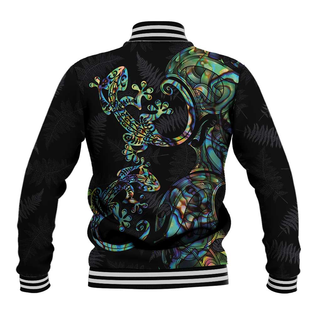 New Zealand Gecko Maori Art Tattoo Baseball Jacket Silver Fern and Paua Shell Mode
