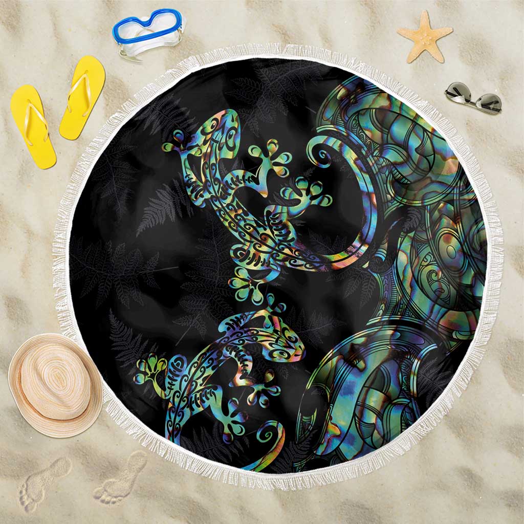 New Zealand Gecko Maori Art Tattoo Beach Blanket Silver Fern and Paua Shell Mode LT03 One Size 150cm Black - Polynesian Pride