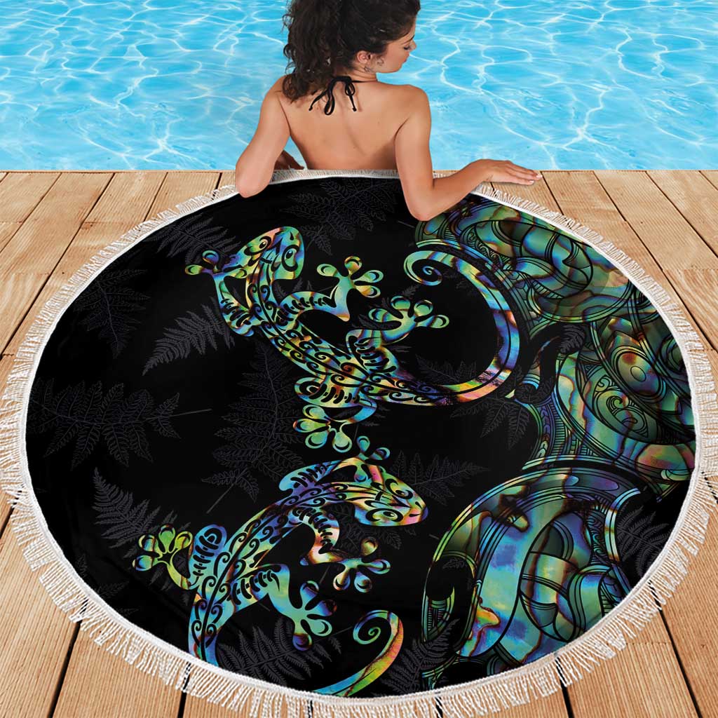 New Zealand Gecko Maori Art Tattoo Beach Blanket Silver Fern and Paua Shell Mode LT03 - Polynesian Pride