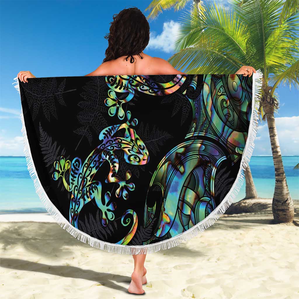 New Zealand Gecko Maori Art Tattoo Beach Blanket Silver Fern and Paua Shell Mode LT03 - Polynesian Pride