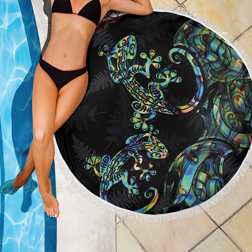 New Zealand Gecko Maori Art Tattoo Beach Blanket Silver Fern and Paua Shell Mode LT03 - Polynesian Pride