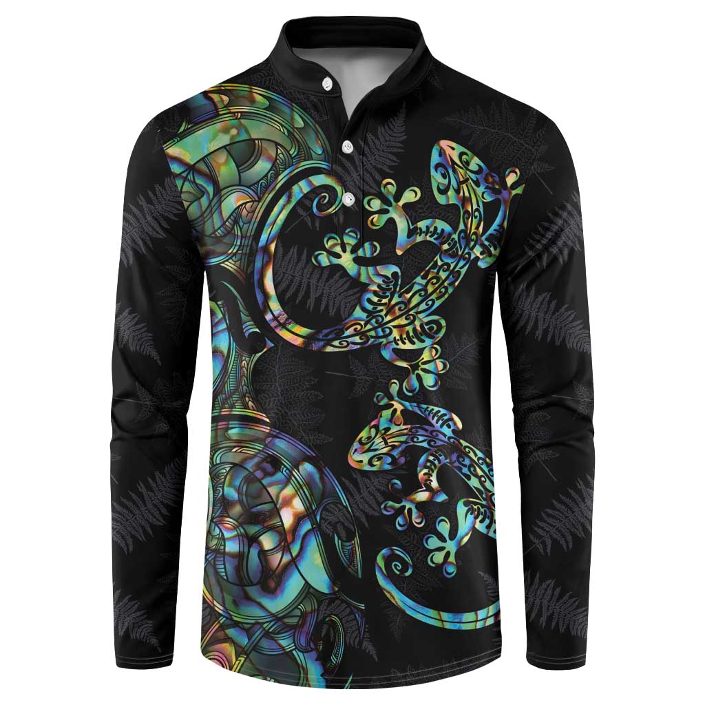 New Zealand Gecko Maori Art Tattoo Button Sweatshirt Silver Fern and Paua Shell Mode LT03 Black - Polynesian Pride