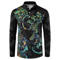 New Zealand Gecko Maori Art Tattoo Button Sweatshirt Silver Fern and Paua Shell Mode LT03 Black - Polynesian Pride