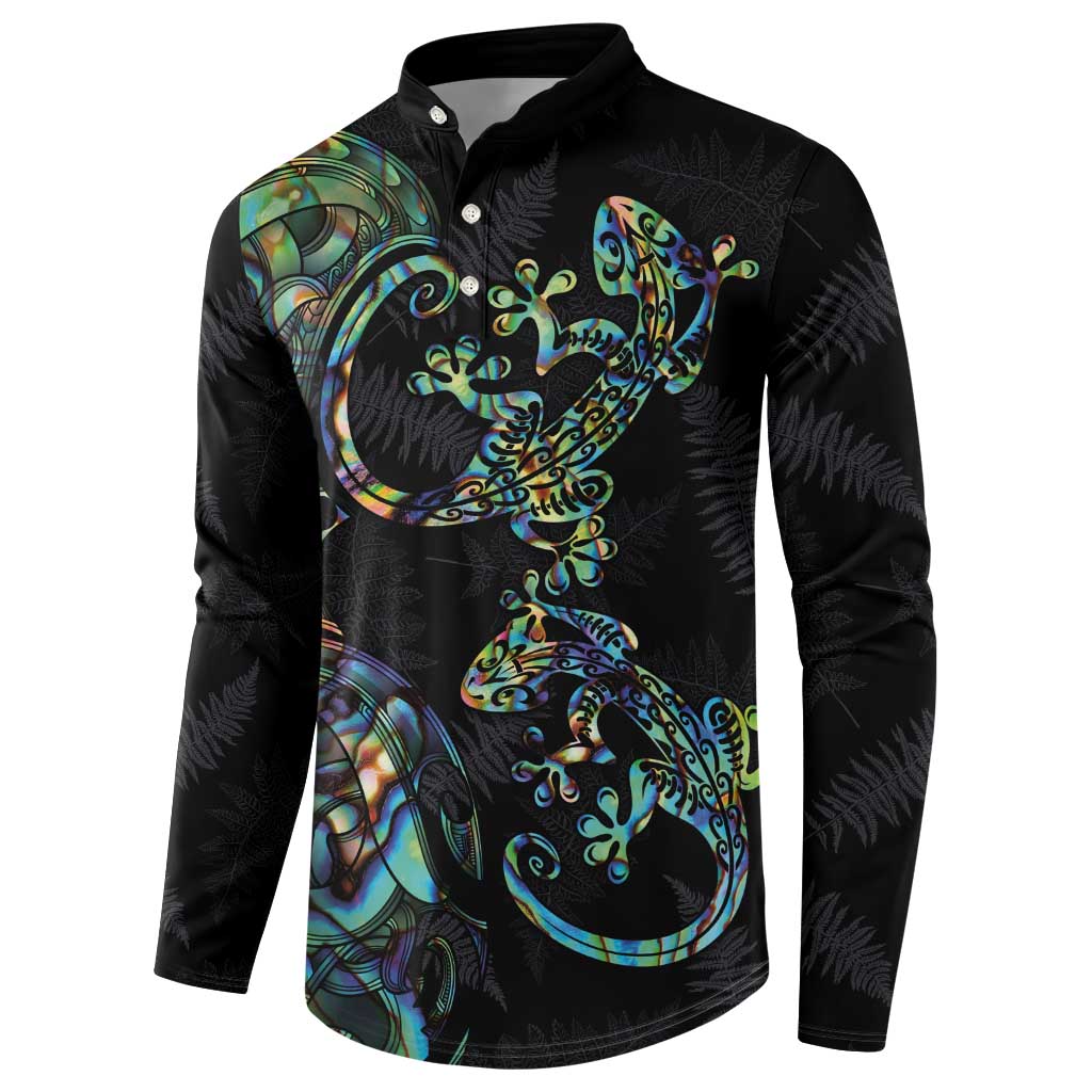 New Zealand Gecko Maori Art Tattoo Button Sweatshirt Silver Fern and Paua Shell Mode LT03 - Polynesian Pride
