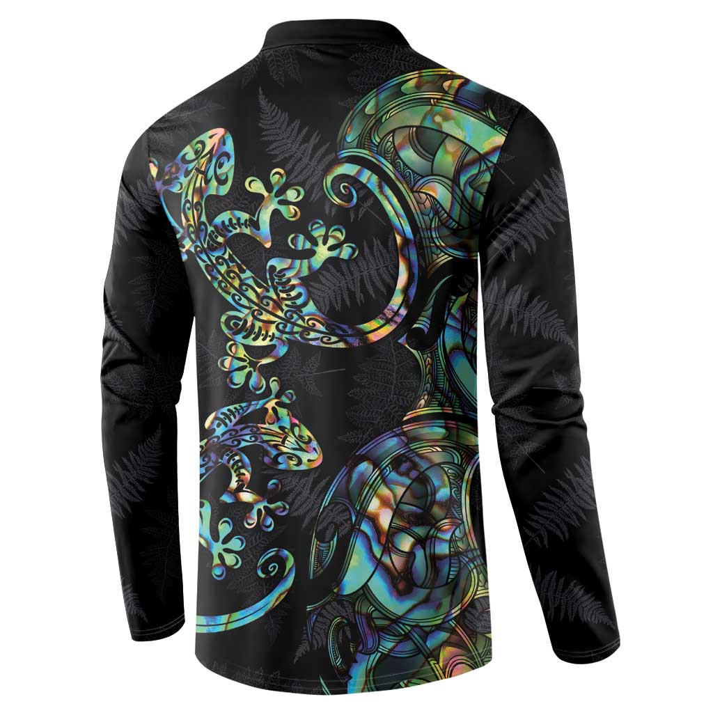 New Zealand Gecko Maori Art Tattoo Button Sweatshirt Silver Fern and Paua Shell Mode LT03 - Polynesian Pride