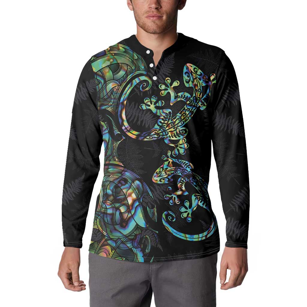 New Zealand Gecko Maori Art Tattoo Button Sweatshirt Silver Fern and Paua Shell Mode LT03 - Polynesian Pride