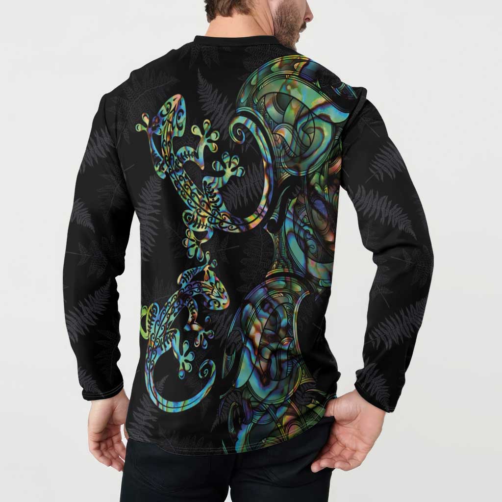 New Zealand Gecko Maori Art Tattoo Button Sweatshirt Silver Fern and Paua Shell Mode LT03 - Polynesian Pride